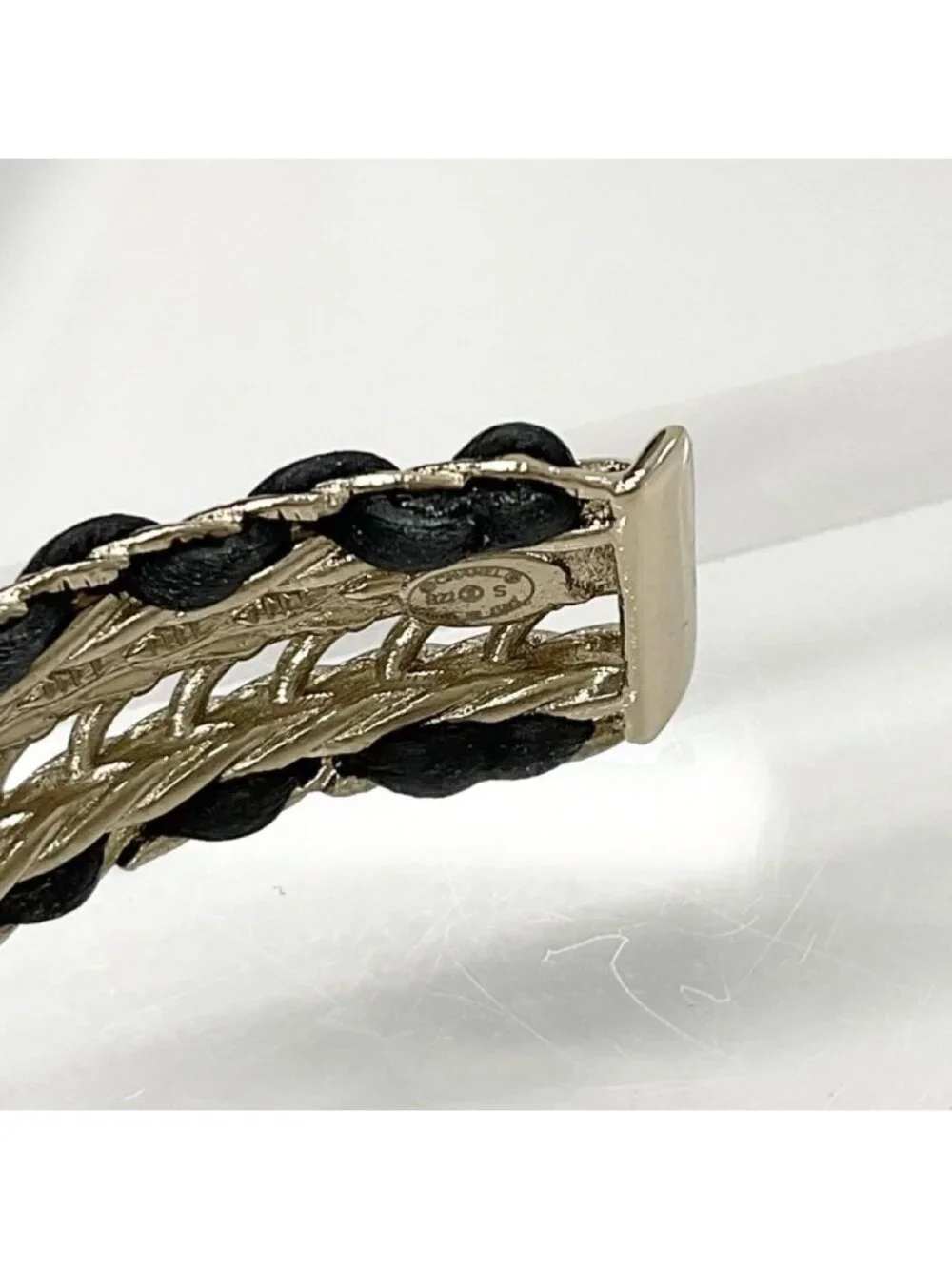 Chanel CC Logo Bangle Rhinestone Leather Bracelet Gold